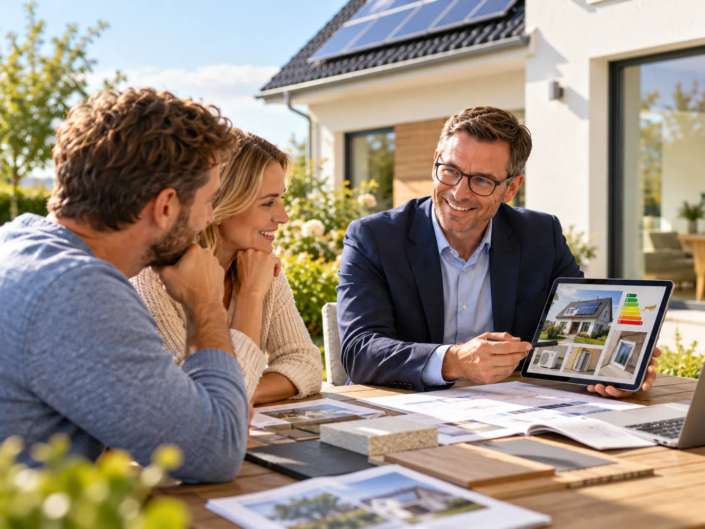 Illustrative Beratung zur energetischen Modernisierung eines Hauses